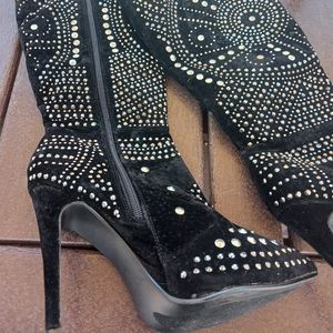 Black suede with silver studs calf high cowboy boots.